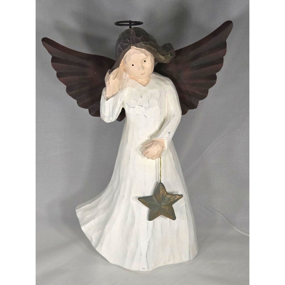 10" Target Vintage Carved Wooden Angel Metal Wings Rustic Primitive Christmas